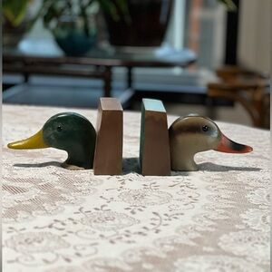 Vintage Handmade wood carving duck book end Hand painted
